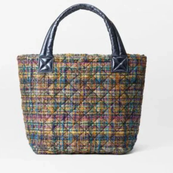 MZ WALLACE MINI METRO TOTE DELUXE Gold Multi Tweed with Metallic Blue Trim NWT - Picture 2 of 9
